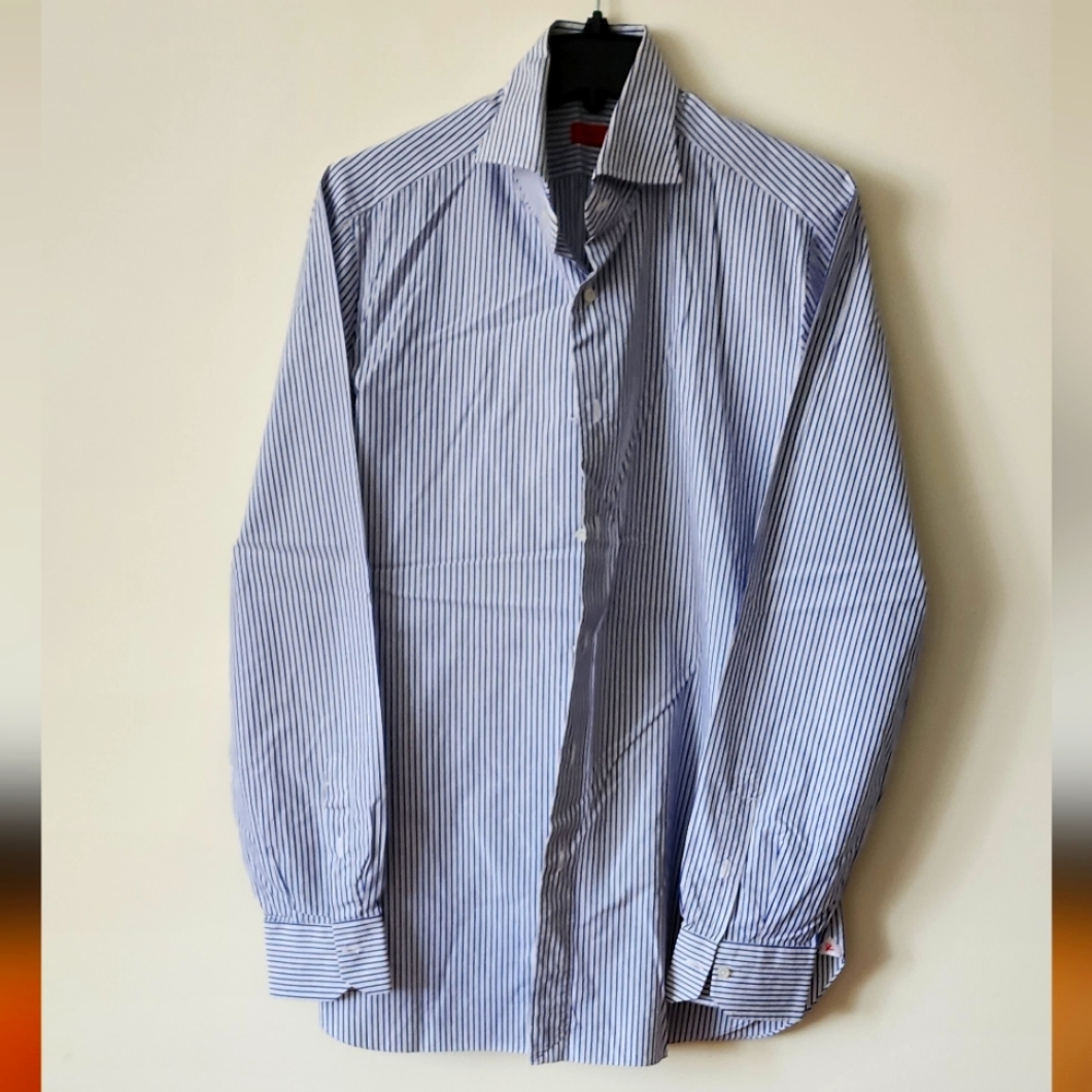 Isaia 42/16.5 blue/white pinstripe